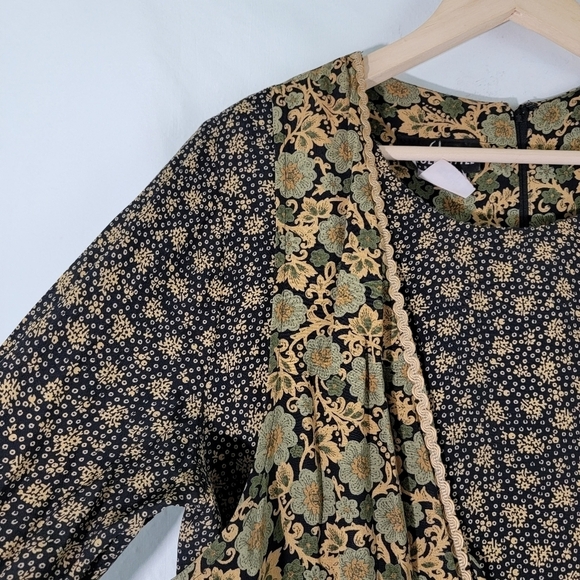 VTG CAROLE LITTLE Maxi Dress Sz 12 Black/Yellow Floral Long Sleeve Back Slit - Picture 4 of 12